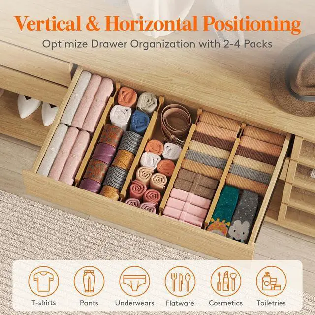 Alt view image 4 of 7 - 8 Pack Drawer Dividers Bamboo 4" High, 16-22" Adjustable Drawer Organizers for Clothes, Expandable Dresser Separators in Bedroom/Bathroom/Kitchen/Fridge/Office Organization and Storage