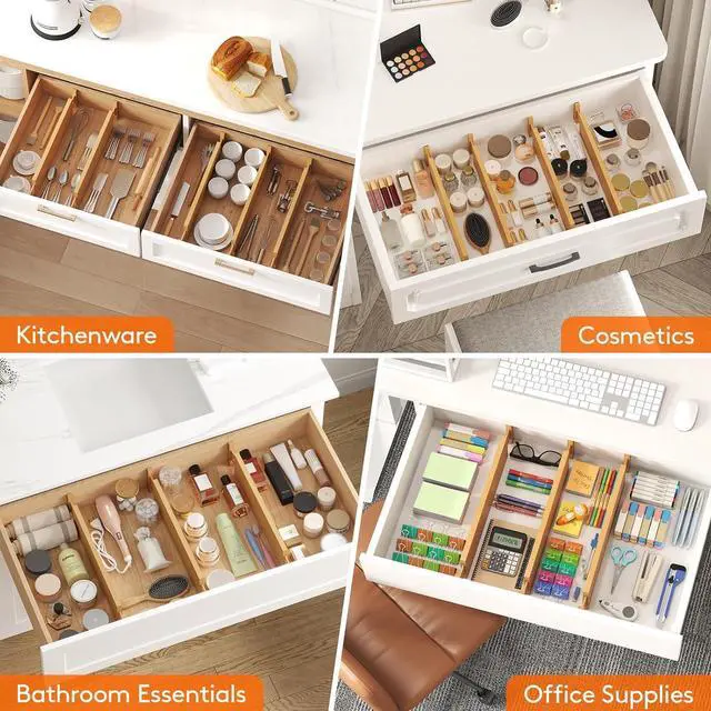 Alt view image 7 of 7 - 8 Pack Drawer Dividers Bamboo 4" High, 16-22" Adjustable Drawer Organizers for Clothes, Expandable Dresser Separators in Bedroom/Bathroom/Kitchen/Fridge/Office Organization and Storage