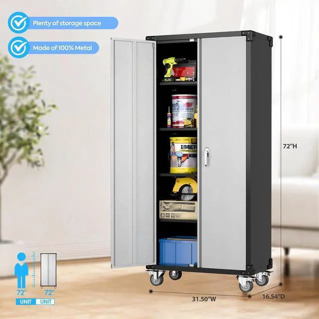 Alt view image 3 of 7 - Garage Storage Cabinet with Wheels,72" Metal Storage Cabinet with 2 Doors and 4 Adjustable Shelves, Lockable Rolling Cabinet,Home Office Metal Utility Cabinet for Garage,Assembly Required