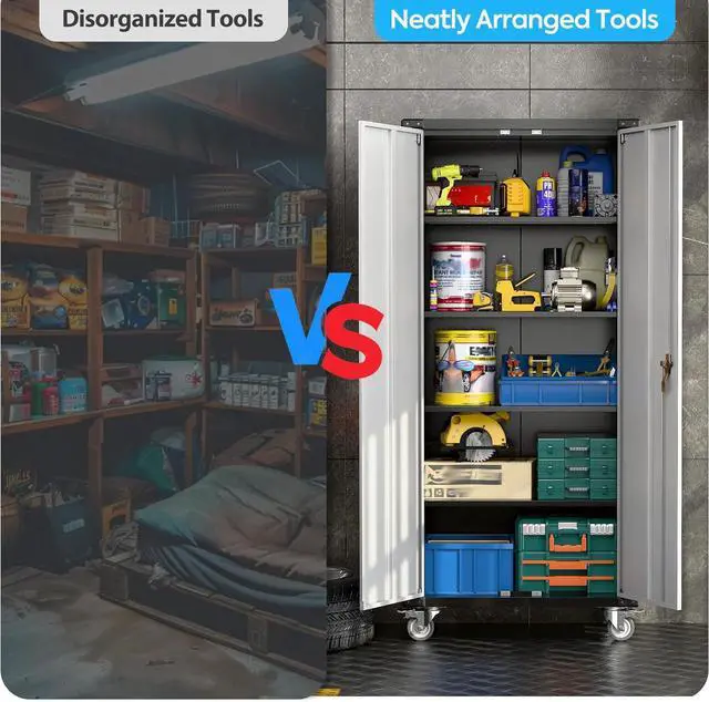 Alt view image 5 of 7 - Garage Storage Cabinet with Wheels,72" Metal Storage Cabinet with 2 Doors and 4 Adjustable Shelves, Lockable Rolling Cabinet,Home Office Metal Utility Cabinet for Garage,Assembly Required