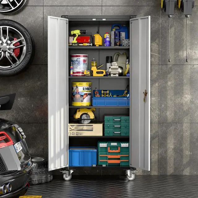 Alt view image 4 of 7 - Garage Storage Cabinet with Wheels,72" Metal Storage Cabinet with 2 Doors and 4 Adjustable Shelves, Lockable Rolling Cabinet,Home Office Metal Utility Cabinet for Garage,Assembly Required