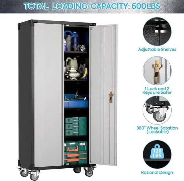 Alt view image 7 of 7 - Garage Storage Cabinet with Wheels,72" Metal Storage Cabinet with 2 Doors and 4 Adjustable Shelves, Lockable Rolling Cabinet,Home Office Metal Utility Cabinet for Garage,Assembly Required