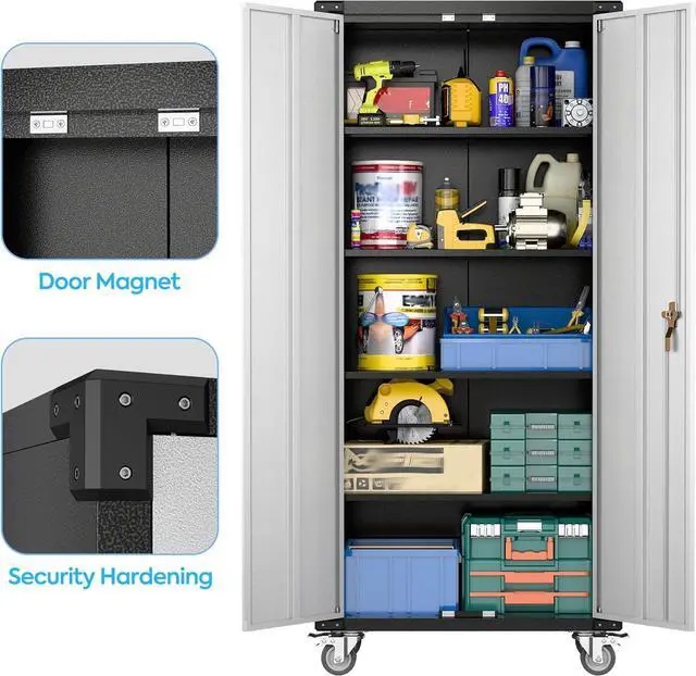 Alt view image 6 of 7 - Garage Storage Cabinet with Wheels,72" Metal Storage Cabinet with 2 Doors and 4 Adjustable Shelves, Lockable Rolling Cabinet,Home Office Metal Utility Cabinet for Garage,Assembly Required
