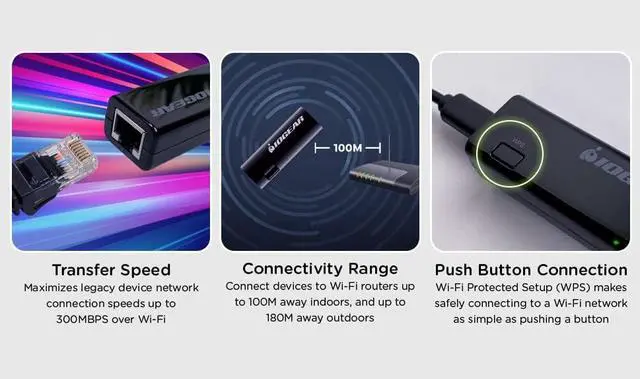 Alt view image 7 of 7 - Universal Ethernet to Wi-Fi N Adapter - Speeds of up to 300Mbps on 2.4GHz - Push-button Wi-Fi Protected Setup (WPS) - Supports WEP WPA WPA2 TKIP and AES encryption - GWU637