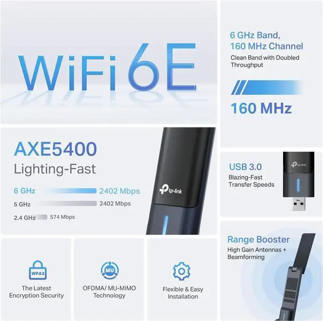 Alt view image 2 of 7 - AXE5400 WiFi 6E USB Adapter for Desktop PC (Archer TXE70UH) Tri-Band Wireless Network Adapter, Ultra-Low Latency, MU-MIMO, OFDMA, Refined Security, WPA3, Supports Windows 11/10