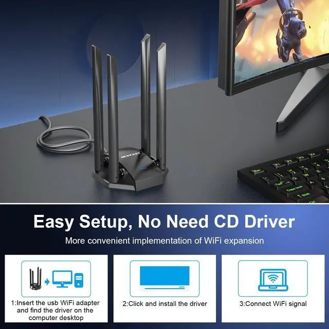 Alt view image 7 of 7 - AC1300 Mbps USB WiFi Adapter for Desktop PC 2.4G/5G Wireless Network Adapter with 4 Dual Band Antennas USB 3.0 WiFi Dongle for Desktop PC Supports Windows XP/7/8/8.1/10/11NF-U329