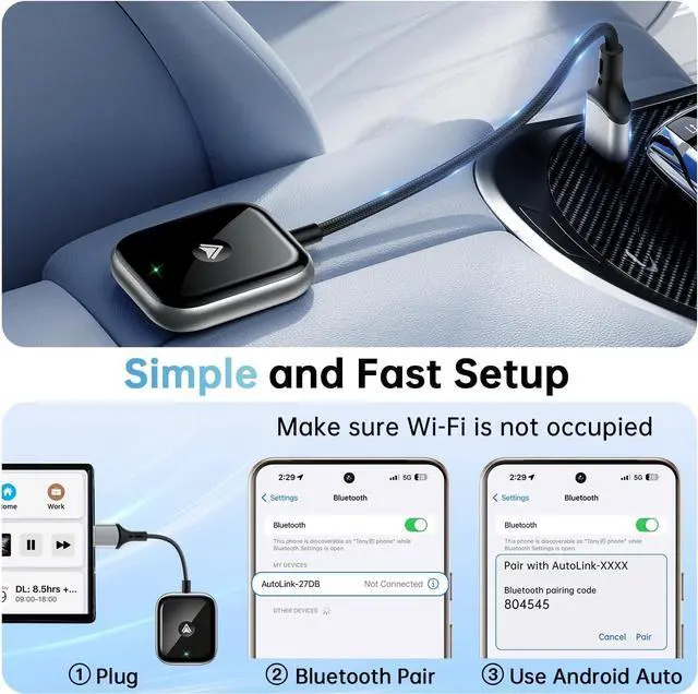 Alt view image 4 of 7 - Android Auto Wireless Adapter, Wireless Android Auto Car Adapter for Wired Android Auto Cars Converts Wired to Wireless Easy Setup Plug & Play Seamless Connection Stable Fast for Android (Black)