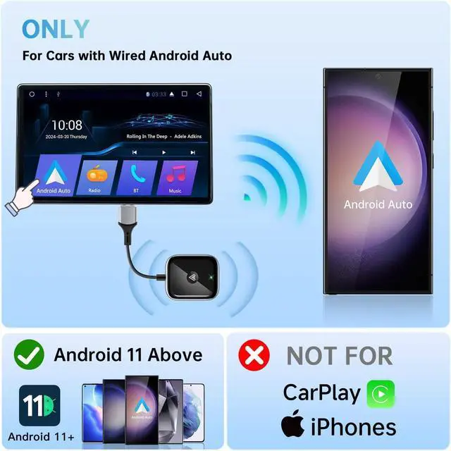 Alt view image 7 of 7 - Android Auto Wireless Adapter, Wireless Android Auto Car Adapter for Wired Android Auto Cars Converts Wired to Wireless Easy Setup Plug & Play Seamless Connection Stable Fast for Android (Black)