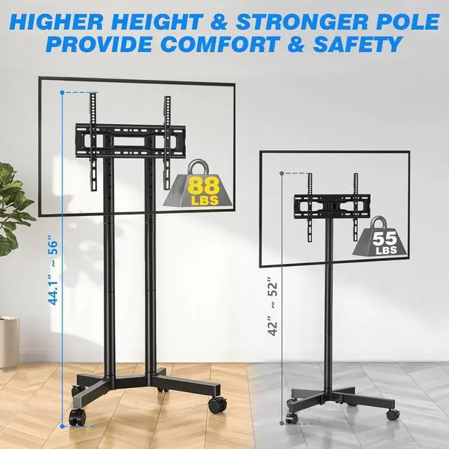 Alt view image 2 of 7 - Rolling TV Stand for 32-70 Inch TVs, Mobile TV Stand with Upgraded Wheels up to 88lbs, Height Adjustable Mobile TV Cart on Wheel, Portable TV Stand for Bedroom, Living Room, Home, Office