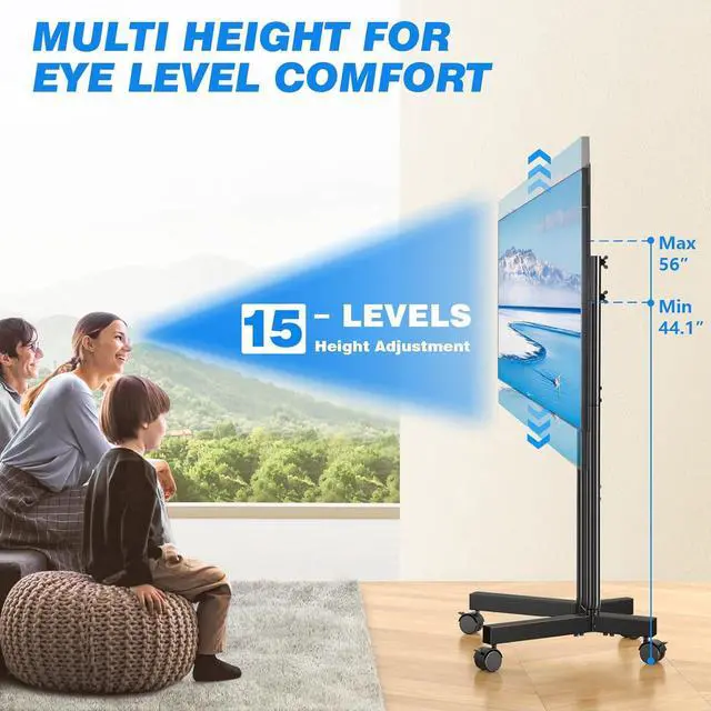 Alt view image 3 of 7 - Rolling TV Stand for 32-70 Inch TVs, Mobile TV Stand with Upgraded Wheels up to 88lbs, Height Adjustable Mobile TV Cart on Wheel, Portable TV Stand for Bedroom, Living Room, Home, Office
