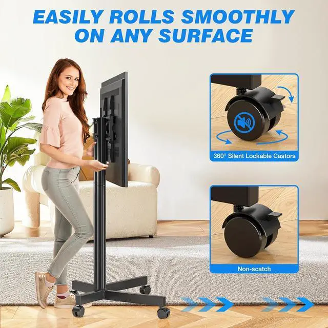 Alt view image 4 of 7 - Rolling TV Stand for 32-70 Inch TVs, Mobile TV Stand with Upgraded Wheels up to 88lbs, Height Adjustable Mobile TV Cart on Wheel, Portable TV Stand for Bedroom, Living Room, Home, Office