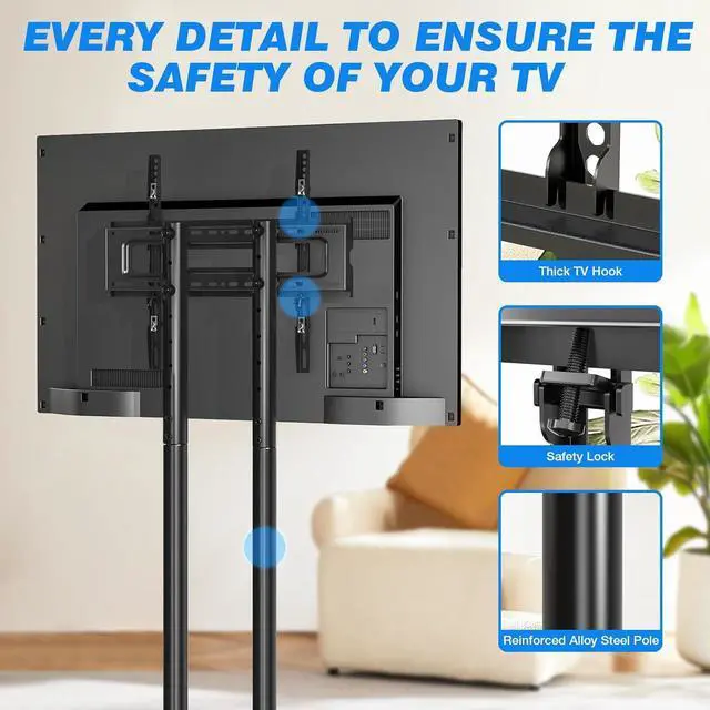 Alt view image 5 of 7 - Rolling TV Stand for 32-70 Inch TVs, Mobile TV Stand with Upgraded Wheels up to 88lbs, Height Adjustable Mobile TV Cart on Wheel, Portable TV Stand for Bedroom, Living Room, Home, Office