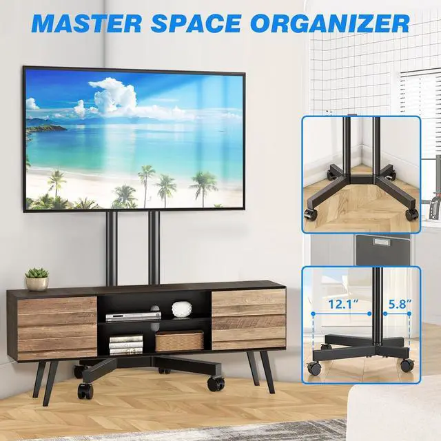 Alt view image 6 of 7 - Rolling TV Stand for 32-70 Inch TVs, Mobile TV Stand with Upgraded Wheels up to 88lbs, Height Adjustable Mobile TV Cart on Wheel, Portable TV Stand for Bedroom, Living Room, Home, Office