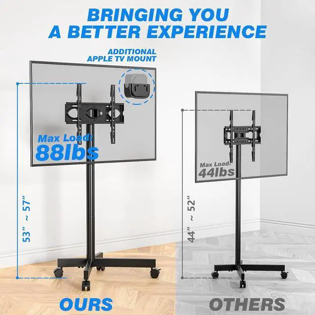 Alt view image 2 of 7 - Mobile TV Cart Rolling TV Stand for 23-60 Inch Screens, Portable TV Stand on Wheels with Tilt and Height Adjustable, Outdoor TV Stand Mount Holds up to 88 lbs for Home Office MAX VESA 400x400mm