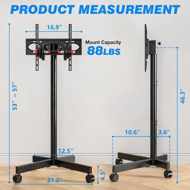 Alt view image 6 of 7 - Mobile TV Cart Rolling TV Stand for 23-60 Inch Screens, Portable TV Stand on Wheels with Tilt and Height Adjustable, Outdoor TV Stand Mount Holds up to 88 lbs for Home Office MAX VESA 400x400mm