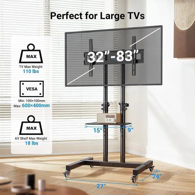 Alt view image 3 of 7 - Rolling TV Stand on Wheels for 32-83 Inch Screens up to 110lbs, Mobile TV Cart Height Adjustable Portable Outdoor TV Stand Tilt Rolling TV Cart with Shelf Max VESA 600x400mm PSTVMC03