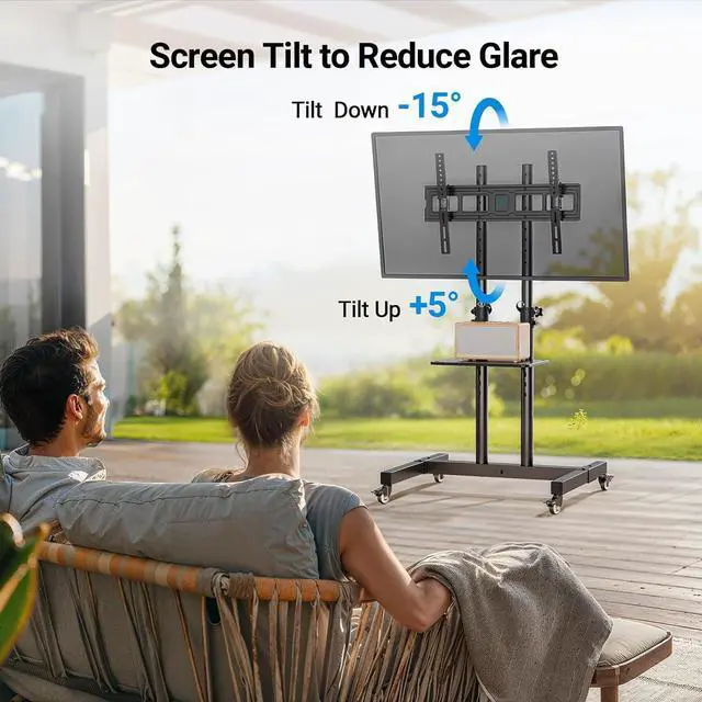 Alt view image 6 of 7 - Rolling TV Stand on Wheels for 32-83 Inch Screens up to 110lbs, Mobile TV Cart Height Adjustable Portable Outdoor TV Stand Tilt Rolling TV Cart with Shelf Max VESA 600x400mm PSTVMC03