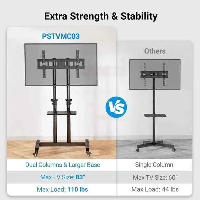 Alt view image 7 of 7 - Rolling TV Stand on Wheels for 32-83 Inch Screens up to 110lbs, Mobile TV Cart Height Adjustable Portable Outdoor TV Stand Tilt Rolling TV Cart with Shelf Max VESA 600x400mm PSTVMC03