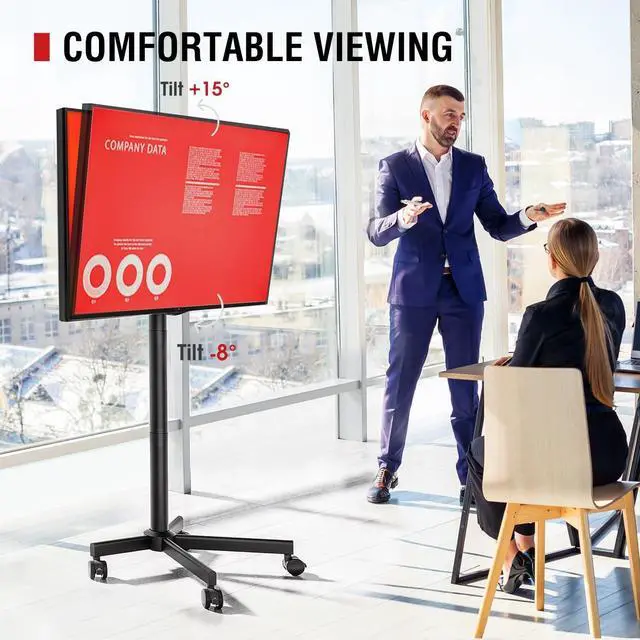 Alt view image 2 of 7 - TV Cart Rolling TV Stand - Mobile TV Stand for 32-65 inch Flat/Curved TVs Holds up to 88 Lbs, Portable TV Stand on Wheels with Tilting for Living Room, Bedroom, Office, Max VESA 400x400mm