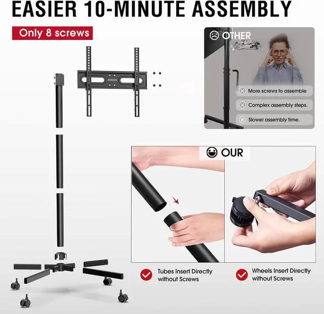 Alt view image 3 of 7 - TV Cart Rolling TV Stand - Mobile TV Stand for 32-65 inch Flat/Curved TVs Holds up to 88 Lbs, Portable TV Stand on Wheels with Tilting for Living Room, Bedroom, Office, Max VESA 400x400mm