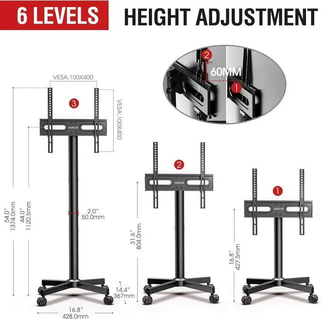 Alt view image 4 of 7 - TV Cart Rolling TV Stand - Mobile TV Stand for 32-65 inch Flat/Curved TVs Holds up to 88 Lbs, Portable TV Stand on Wheels with Tilting for Living Room, Bedroom, Office, Max VESA 400x400mm