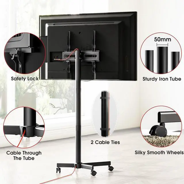 Alt view image 5 of 7 - TV Cart Rolling TV Stand - Mobile TV Stand for 32-65 inch Flat/Curved TVs Holds up to 88 Lbs, Portable TV Stand on Wheels with Tilting for Living Room, Bedroom, Office, Max VESA 400x400mm