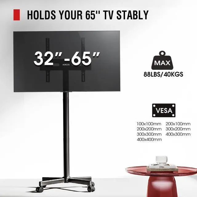 Alt view image 6 of 7 - TV Cart Rolling TV Stand - Mobile TV Stand for 32-65 inch Flat/Curved TVs Holds up to 88 Lbs, Portable TV Stand on Wheels with Tilting for Living Room, Bedroom, Office, Max VESA 400x400mm