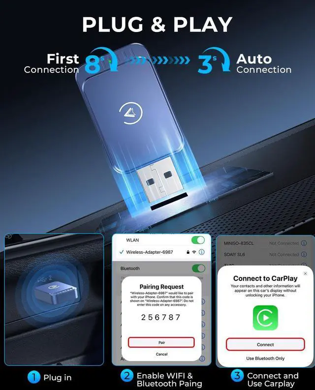 Alt view image 2 of 6 - Wireless Carplay Adapter & Android Auto Wireless Adapter 2-in-1 Fast & Stable Carplay Wireless Adapter Convert Wired to Wireless Car Play Adapter for iOS 10+/Android 11+ (Blue)