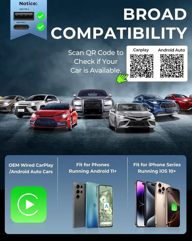 Alt view image 6 of 6 - Wireless Carplay Adapter & Android Auto Wireless Adapter 2-in-1 Fast & Stable Carplay Wireless Adapter Convert Wired to Wireless Car Play Adapter for iOS 10+/Android 11+ (Blue)