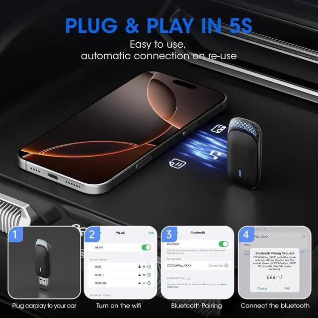 Alt view image 3 of 7 - Wireless Carplay Adapter for iPhone & Android auto, Mini Edition Converts Wired to Wireless CarPlay Dongle for Cars from 2016 and iOS 10+,with 5-Color Light (Black)