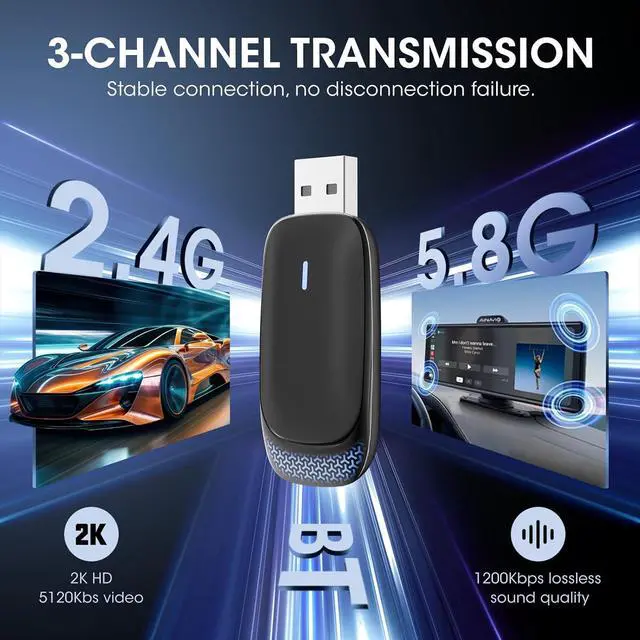 Alt view image 6 of 7 - Wireless Carplay Adapter for iPhone & Android auto, Mini Edition Converts Wired to Wireless CarPlay Dongle for Cars from 2016 and iOS 10+,with 5-Color Light (Black)