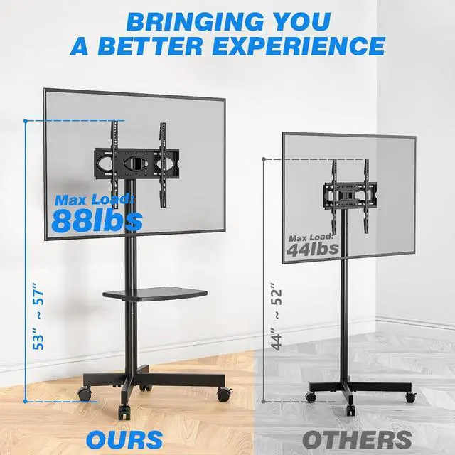 Alt view image 2 of 7 - Mobile TV Cart for 23-60 Inch LCD LED Flat Panel Curved Screen TVs up to 88 lbs, Height Adjustable Shelf Rolling Floor Stand with Wheels as a Movable Portable Stand, Max VESA 400x400mm