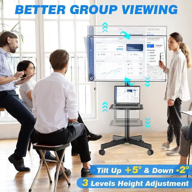 Alt view image 4 of 7 - Mobile TV Cart for 23-60 Inch LCD LED Flat Panel Curved Screen TVs up to 88 lbs, Height Adjustable Shelf Rolling Floor Stand with Wheels as a Movable Portable Stand, Max VESA 400x400mm