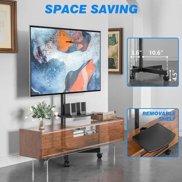 Alt view image 3 of 7 - Mobile TV Cart for 23-60 Inch LCD LED Flat Panel Curved Screen TVs up to 88 lbs, Height Adjustable Shelf Rolling Floor Stand with Wheels as a Movable Portable Stand, Max VESA 400x400mm