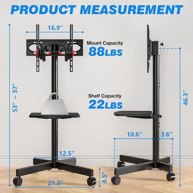 Alt view image 7 of 7 - Mobile TV Cart for 23-60 Inch LCD LED Flat Panel Curved Screen TVs up to 88 lbs, Height Adjustable Shelf Rolling Floor Stand with Wheels as a Movable Portable Stand, Max VESA 400x400mm