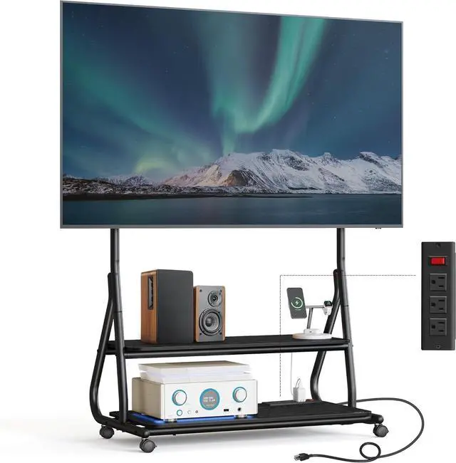 Main image of TV Stand with Wheels, for LCD LED OLED Flat Curved TVs up to 75 Inches and 88 lb, Rolling TV Cart, with Power Outlets, Storage Shelf, Height Adjustable, Ink Black and Ebony Black ULTV129B01