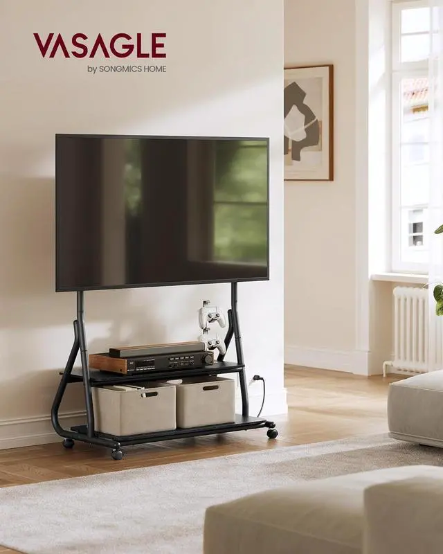 Alt view image 2 of 6 - TV Stand with Wheels, for LCD LED OLED Flat Curved TVs up to 75 Inches and 88 lb, Rolling TV Cart, with Power Outlets, Storage Shelf, Height Adjustable, Ink Black and Ebony Black ULTV129B01