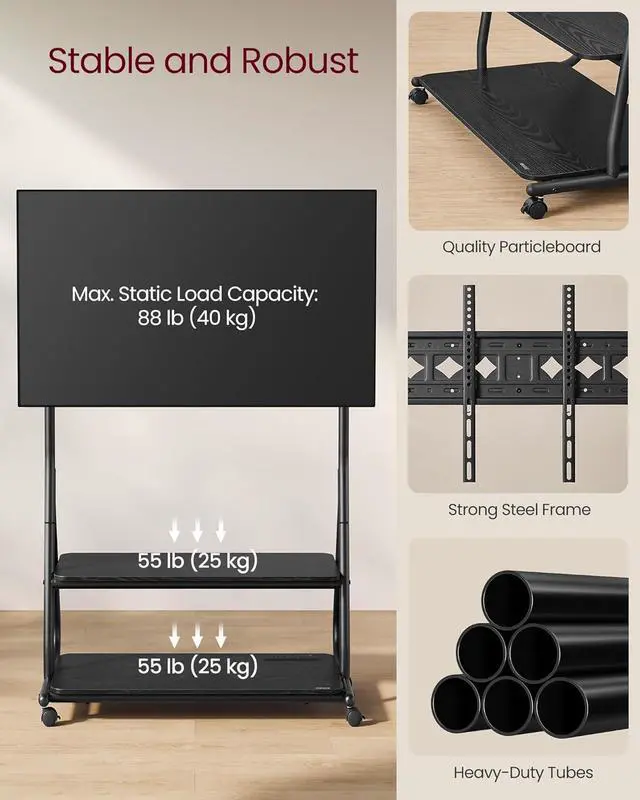 Alt view image 5 of 6 - TV Stand with Wheels, for LCD LED OLED Flat Curved TVs up to 75 Inches and 88 lb, Rolling TV Cart, with Power Outlets, Storage Shelf, Height Adjustable, Ink Black and Ebony Black ULTV129B01