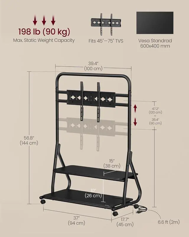 Alt view image 6 of 6 - TV Stand with Wheels, for LCD LED OLED Flat Curved TVs up to 75 Inches and 88 lb, Rolling TV Cart, with Power Outlets, Storage Shelf, Height Adjustable, Ink Black and Ebony Black ULTV129B01