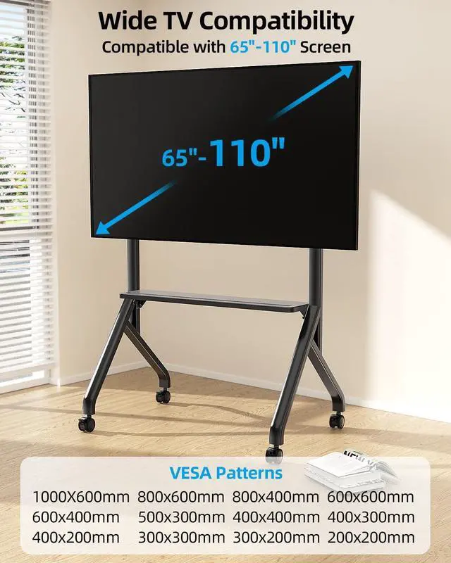 Alt view image 2 of 7 - Rolling TV Stand for 65-110 Inch TVs or Smart Board Holds up to 220 LBS, Height Adjustable Smart Board Stand, Mobile TV Cart with Wheels, Mobile TV Stand with Pallet, Max VESA 1000x600mm