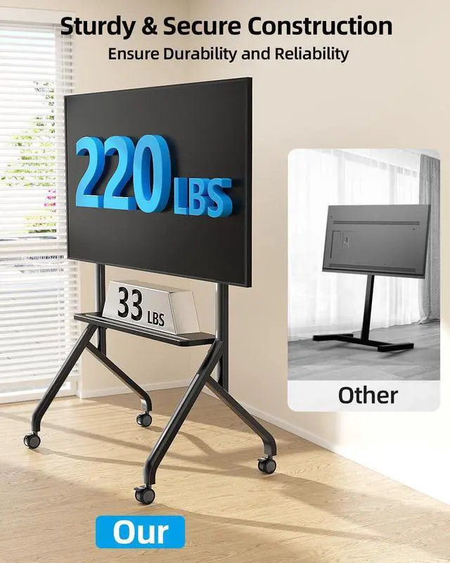 Alt view image 3 of 7 - Rolling TV Stand for 65-110 Inch TVs or Smart Board Holds up to 220 LBS, Height Adjustable Smart Board Stand, Mobile TV Cart with Wheels, Mobile TV Stand with Pallet, Max VESA 1000x600mm
