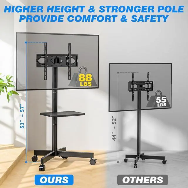 Alt view image 2 of 7 - Strong Rolling TV Stand with Shelf for 23-60 inch TVs up to 88lbs, Portable Mobile TV Cart with Silent Wheel, Tilt & Height Adjustable Universal Corner TV Stand for Bedroom, Living Room, Office