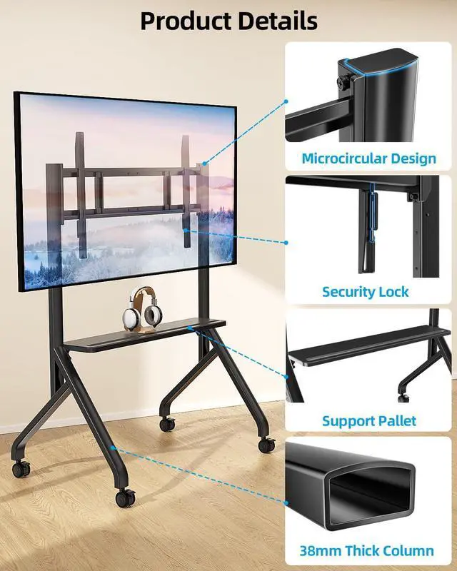 Alt view image 5 of 7 - Rolling TV Stand for 65-110 Inch TVs or Smart Board Holds up to 220 LBS, Height Adjustable Smart Board Stand, Mobile TV Cart with Wheels, Mobile TV Stand with Pallet, Max VESA 1000x600mm