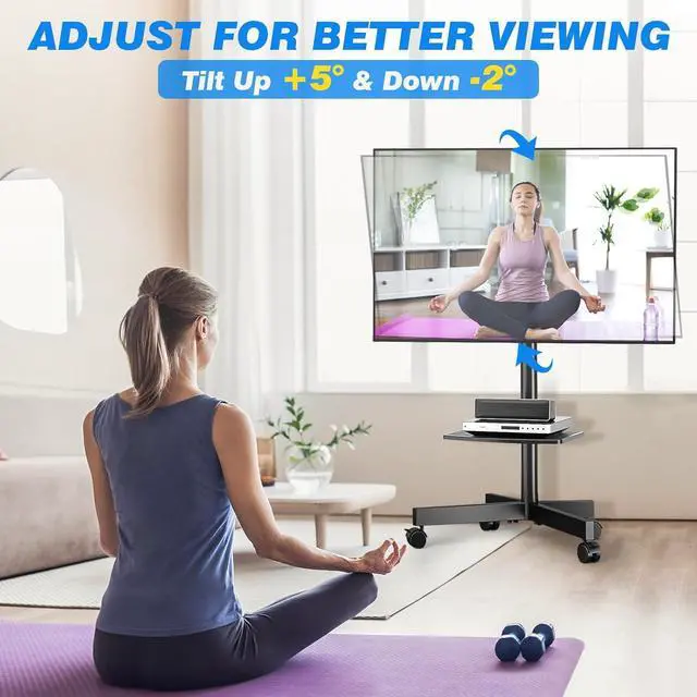 Alt view image 4 of 7 - Strong Rolling TV Stand with Shelf for 23-60 inch TVs up to 88lbs, Portable Mobile TV Cart with Silent Wheel, Tilt & Height Adjustable Universal Corner TV Stand for Bedroom, Living Room, Office