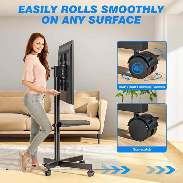 Alt view image 5 of 7 - Strong Rolling TV Stand with Shelf for 23-60 inch TVs up to 88lbs, Portable Mobile TV Cart with Silent Wheel, Tilt & Height Adjustable Universal Corner TV Stand for Bedroom, Living Room, Office