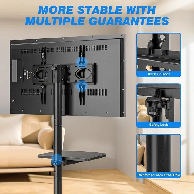 Alt view image 6 of 7 - Strong Rolling TV Stand with Shelf for 23-60 inch TVs up to 88lbs, Portable Mobile TV Cart with Silent Wheel, Tilt & Height Adjustable Universal Corner TV Stand for Bedroom, Living Room, Office