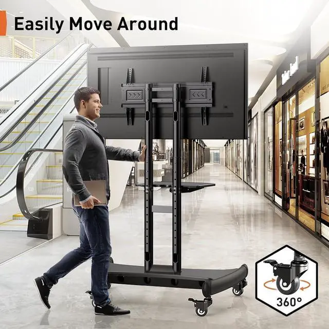 Alt view image 3 of 7 - Mobile TV Cart for 32-83 Inch Flat/Curved LED/LCD/OLED TVs Rolling TV Stand with Height Adjustable Shelf Max VESA 600x400mm up to 100lbs- Outdoor TV Stand Trolley with Wheels PGTVMC05-1