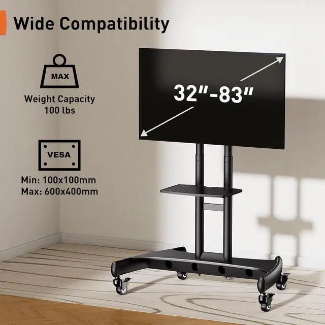 Alt view image 4 of 7 - Mobile TV Cart for 32-83 Inch Flat/Curved LED/LCD/OLED TVs Rolling TV Stand with Height Adjustable Shelf Max VESA 600x400mm up to 100lbs- Outdoor TV Stand Trolley with Wheels PGTVMC05-1