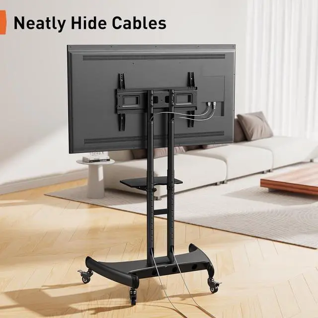 Alt view image 7 of 7 - Mobile TV Cart for 32-83 Inch Flat/Curved LED/LCD/OLED TVs Rolling TV Stand with Height Adjustable Shelf Max VESA 600x400mm up to 100lbs- Outdoor TV Stand Trolley with Wheels PGTVMC05-1