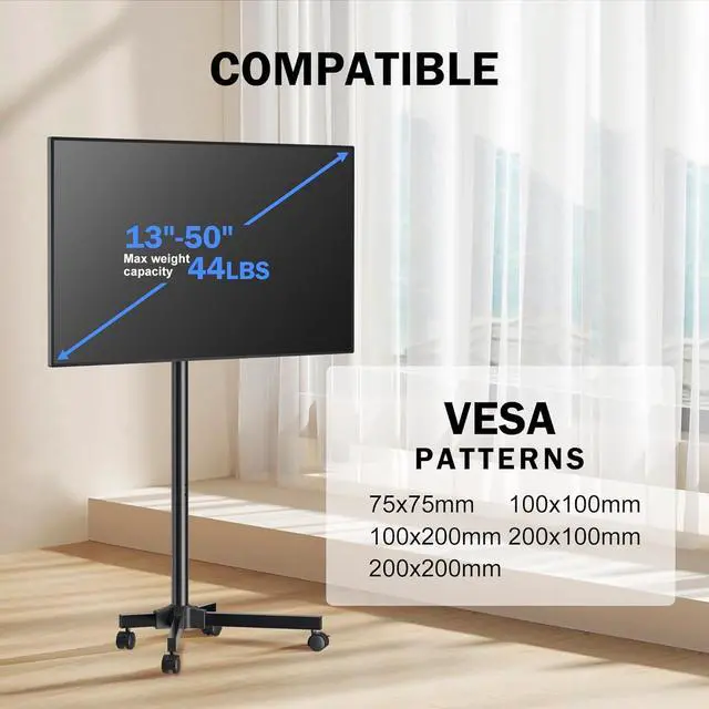Alt view image 6 of 7 - Mobile TV Carts, Rolling TV Stand on Wheels for 13-50" Flat/Curved TVs Height Adjustable 30° Tilt Floor TV Stand Portable Monitor Stand Holds up to 44lbs Max VESA 200x200mm ML1350